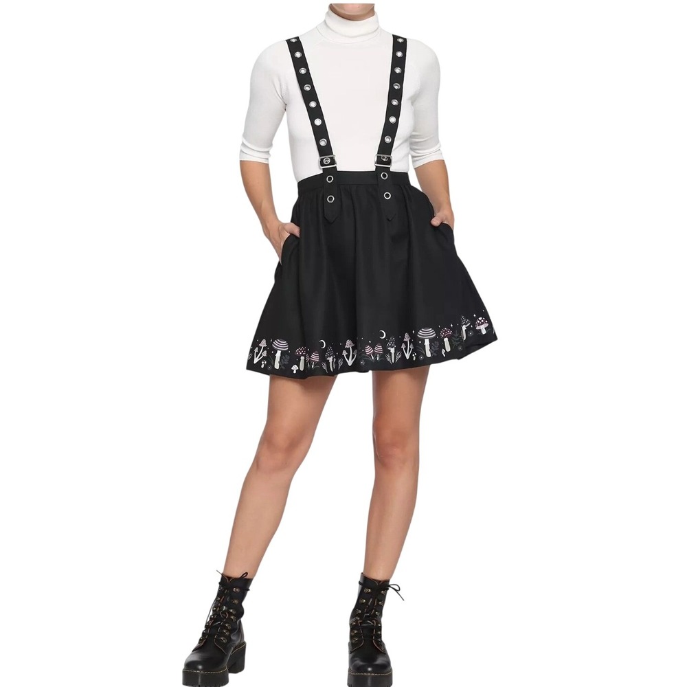 Black Suspender Skirt with Embroidered Mushroom Hem